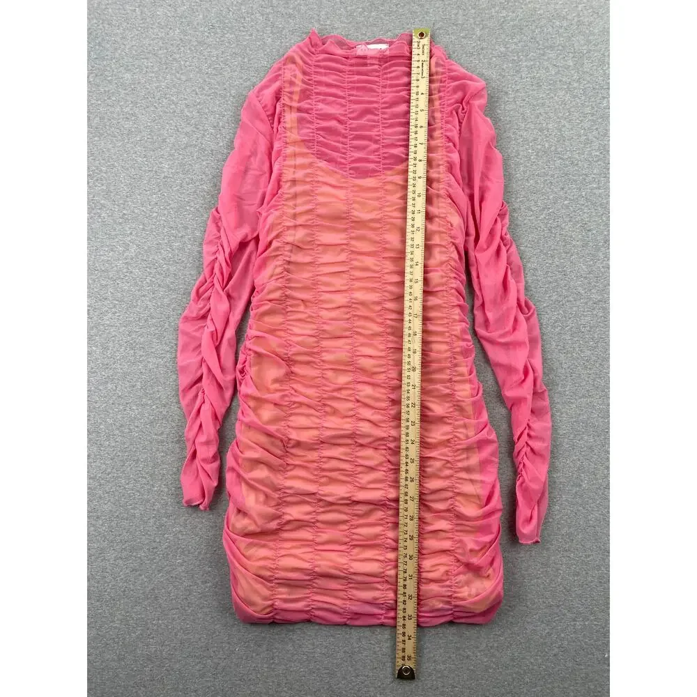 TOPSHOP Dress Size M 8/10 Hot Pink Sheer Layered Mesh Mini Ruched Long Sleeve